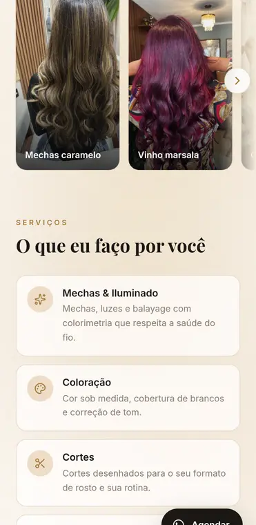 Serviços, com o botão de agendar sempre visível.