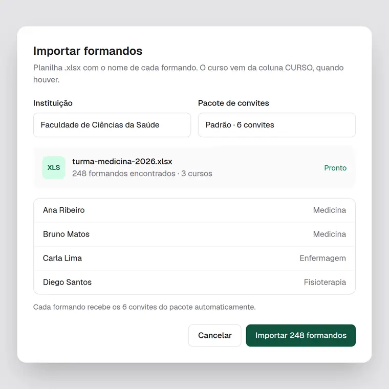 Importação da turma por planilha, com o pacote de convites de cada formando.