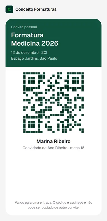 Convite pessoal com QR code assinado.