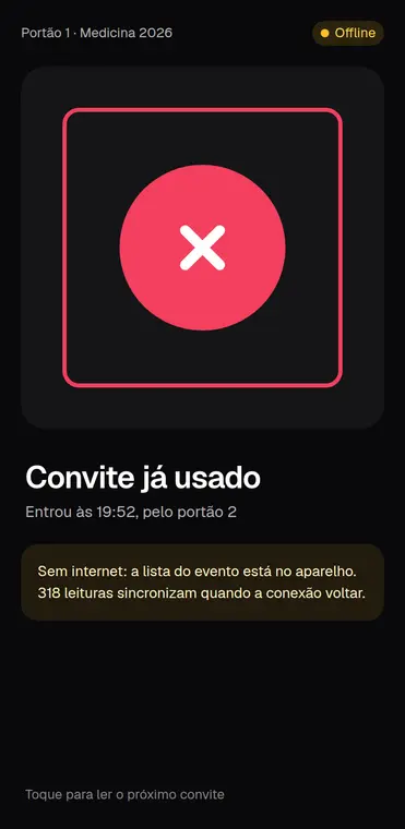 Sem internet, o leitor continua: recusa o convite já usado e guarda as leituras para sincronizar.